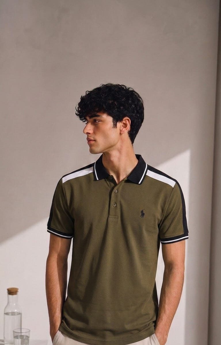 Men's Colorblock Pique Polo Shirt-Olive Green - Image 10