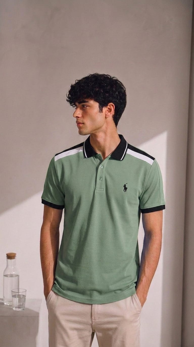 Men's Colorblock Pique Polo Shirt-Olive Green - Image 8